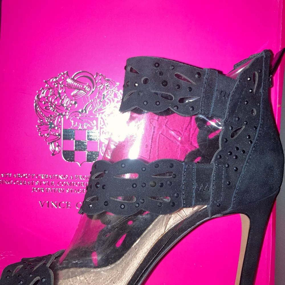Vince Camuto sexy high heels w dust bag, box, black leather w sparkle accent